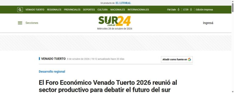 Nota de Sur24 sobre Converge: El Foro Económico Venado Tuerto 2026 reunió al sector productivo para debatir el futuro del sur santafesino