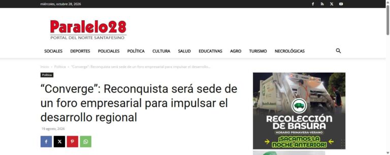 Nota de Paralelo 28 sobre Converge: “Converge”: Reconquista será sede de un foro empresarial para impulsar el desarrollo regional