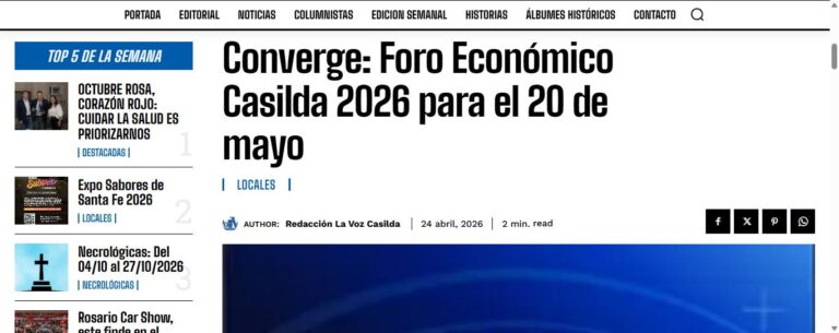 Nota de La Voz de Casilda sobre Converge: Converge: Foro Económico Casilda 2026 para el 20 de mayo