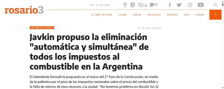 Nota de Rosario3 sobre Converge: Javkin propuso la eliminación “automática y simultánea” de todos los impuestos al combustible en la Argentina
